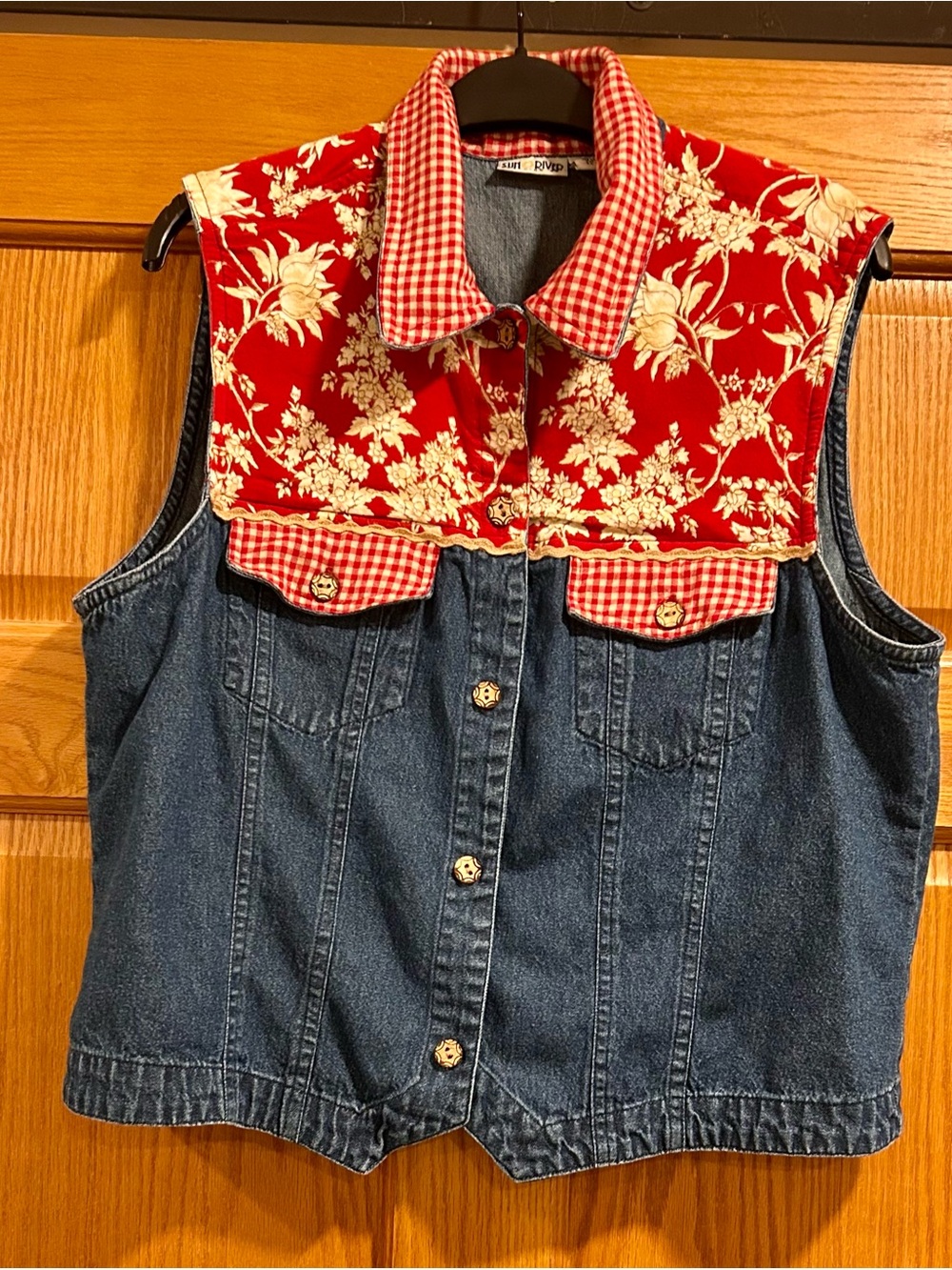 Vintage 1990s Sun River Denim Vest with Red Floral Yoke Size Large